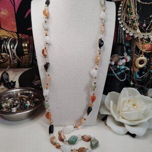 Vintage Beggar Bead Necklace 34 Inch Multi Gemstone Nugget Strand with Gold Tone